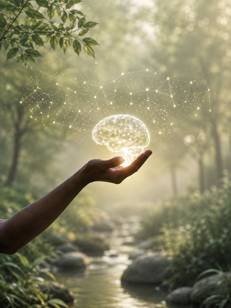 Calm woodland scene with a glowing representation of the brain in a hand
